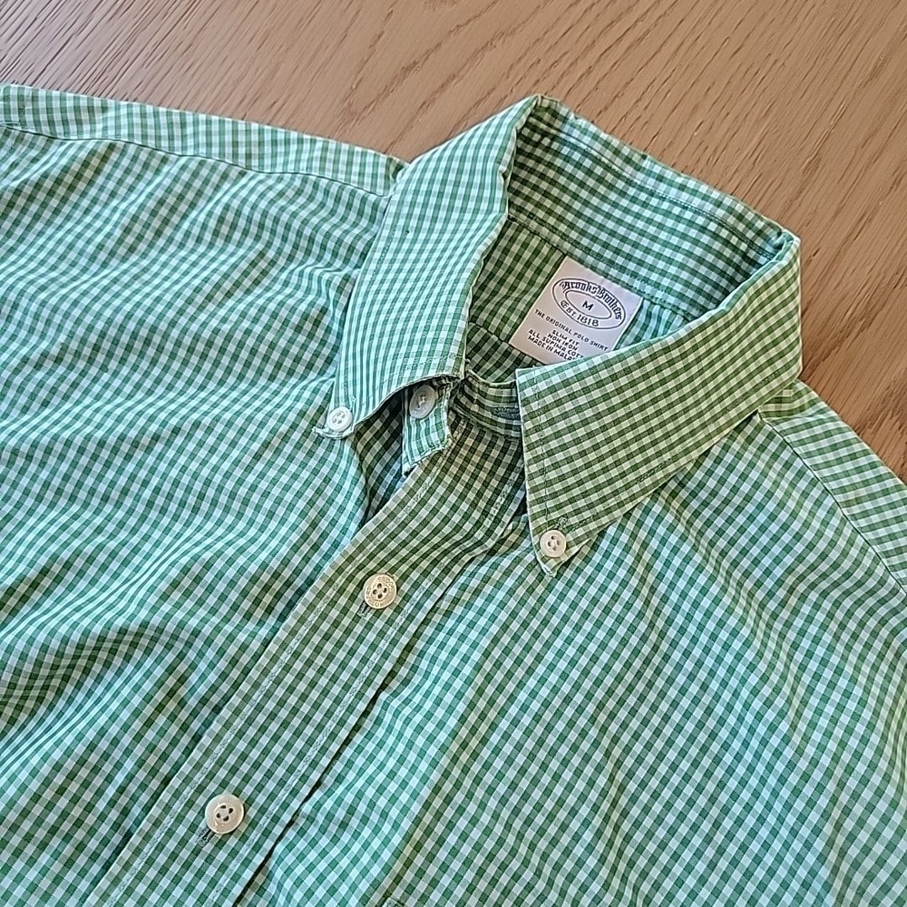 Brooks Brothers Shirt Men's Medium Green Gingham Slim Fit Button Down Non Iron